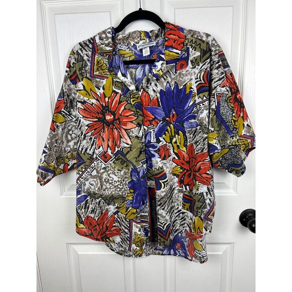 Vintage Short Sleeve Blouse Tigers Lions Tropical Florals Made In USA Size 18 - Picture 7 of 8